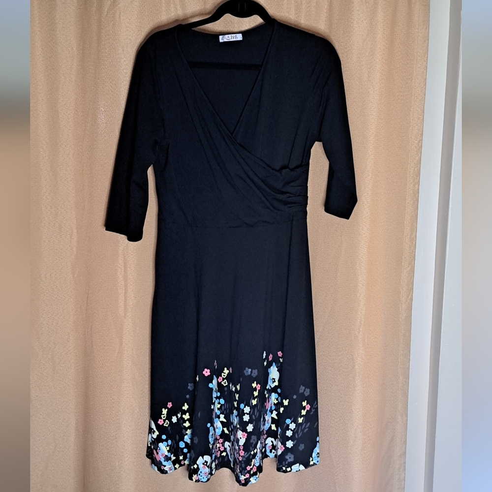 Slig  Fit N Flare Black Dress with Colorful Floral Accents
